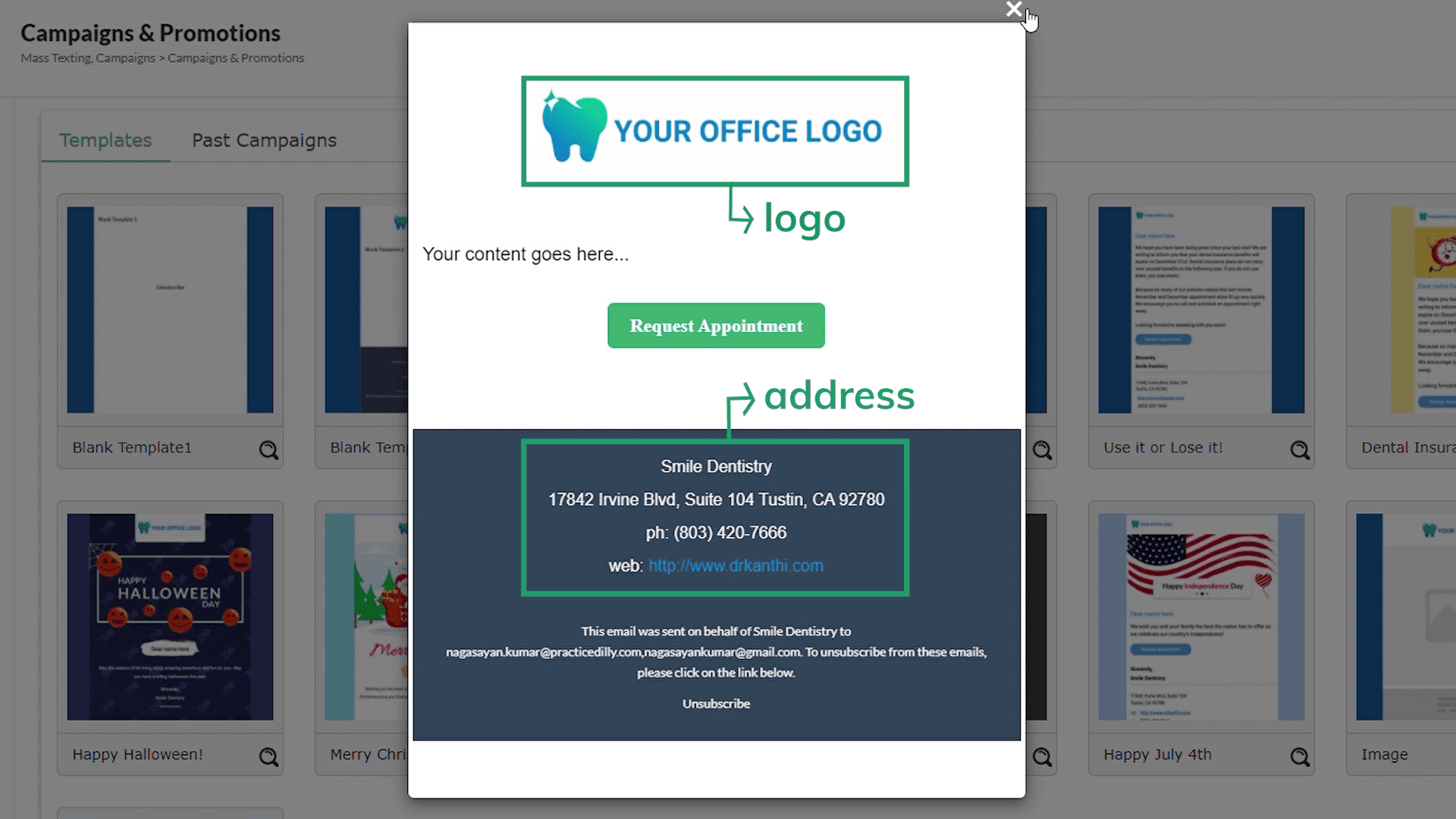 Blank email templates with office logo and footer details
