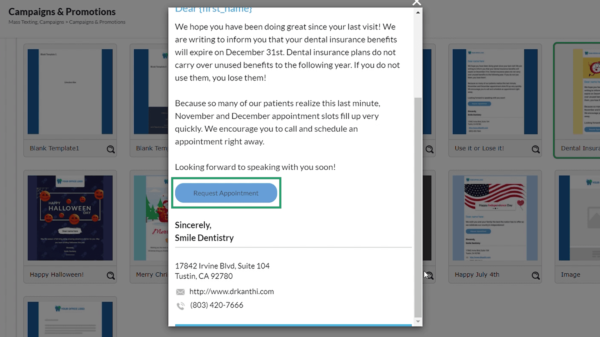 Request Appointment button in an email template