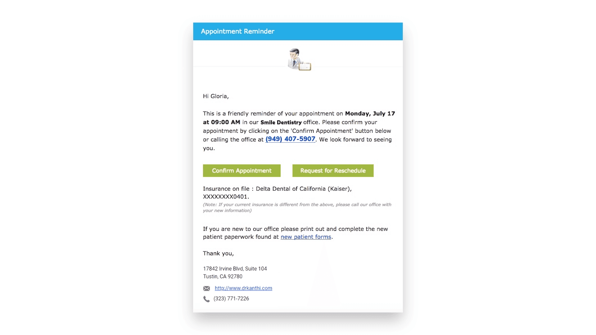 A customized appointment reminder email