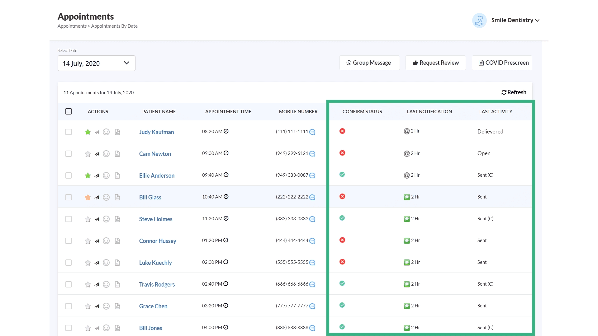 Appointment and notification statuses in the schedule