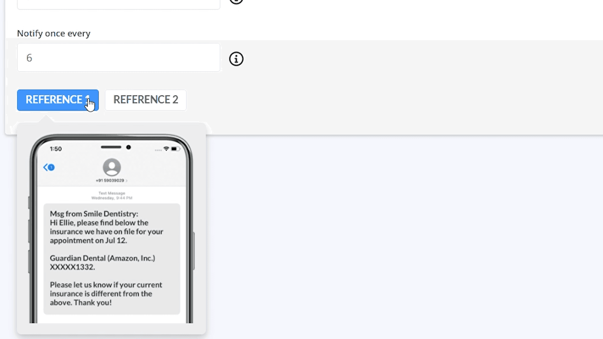 Insurance-verification message for a patient with insurance on file
