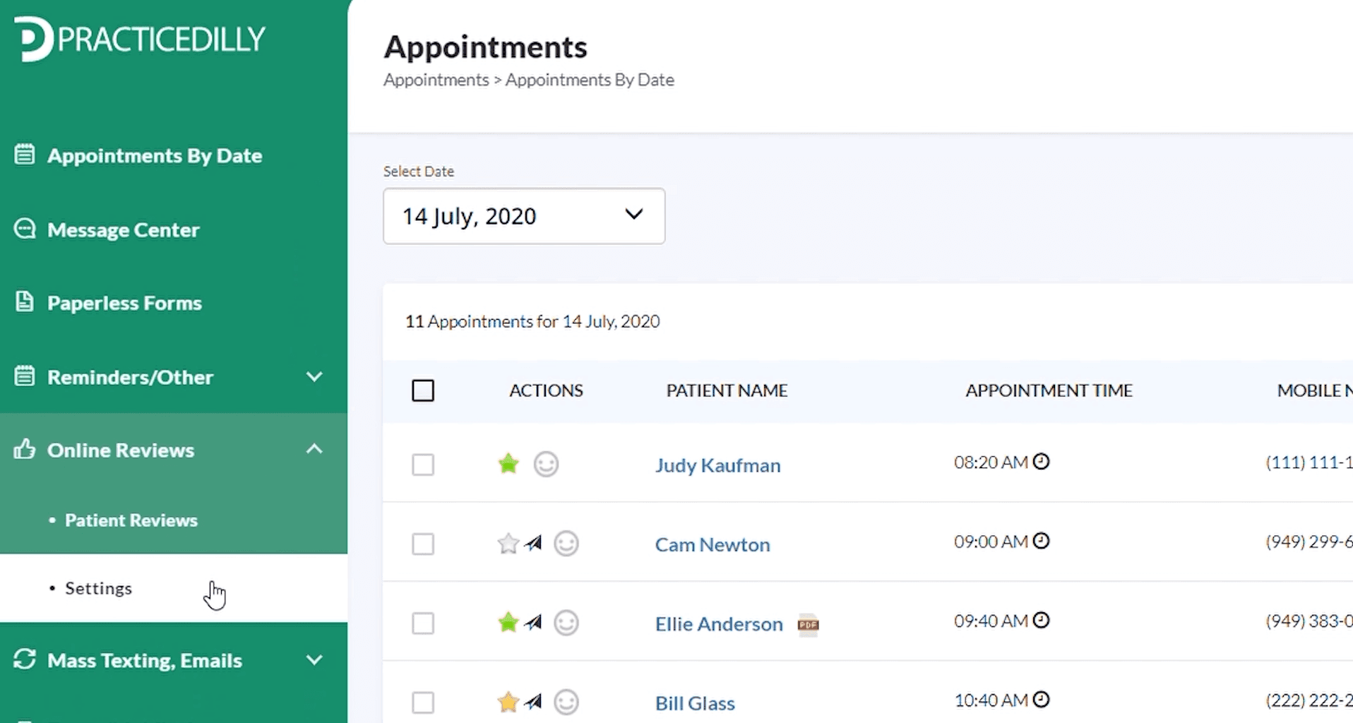 Online Reviews settings in PracticeDilly