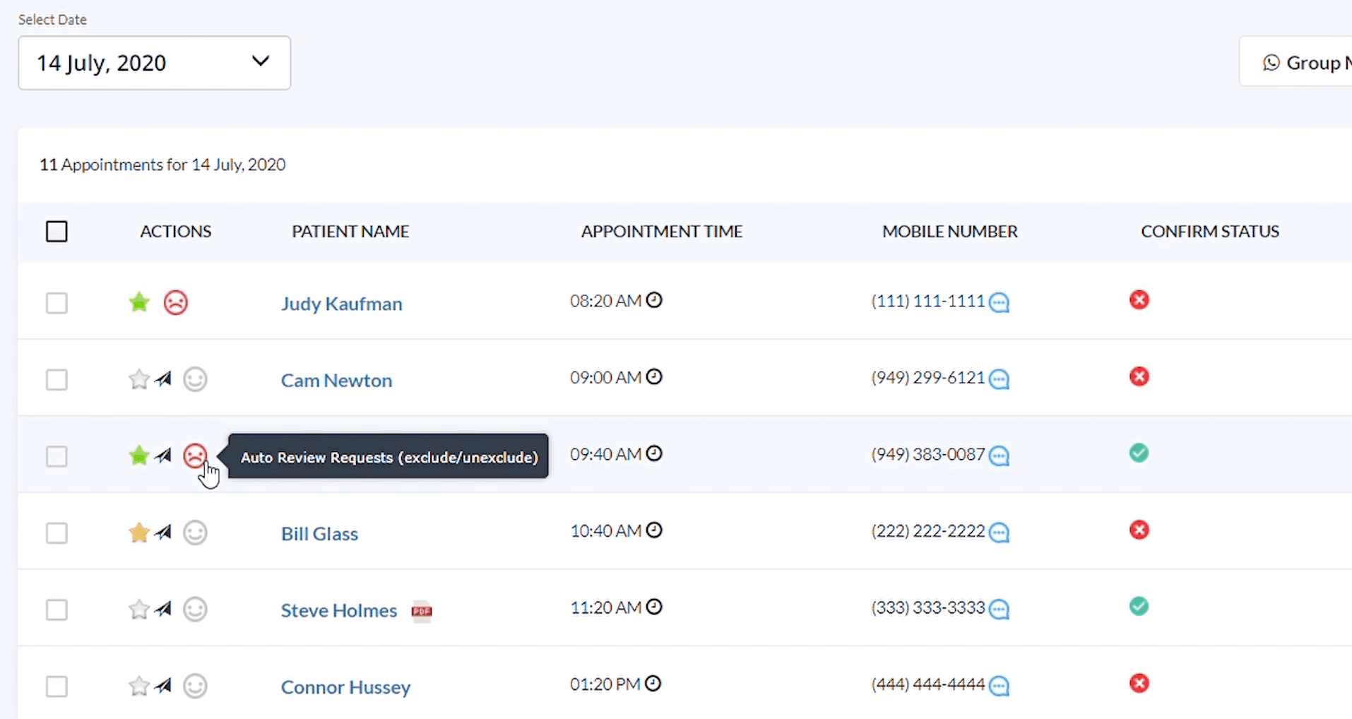 Review-request status icon beside a patient appointment