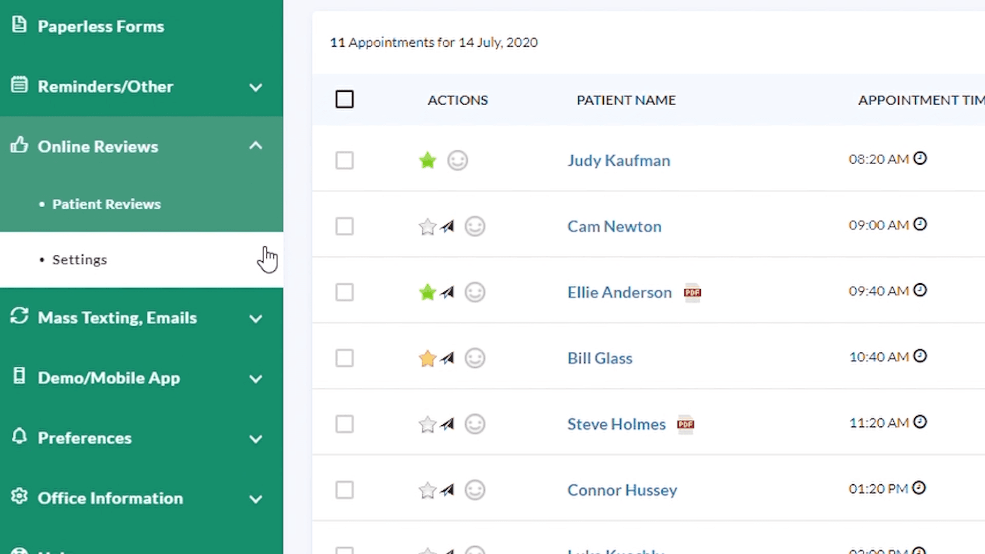 Online Reviews settings in PracticeDilly