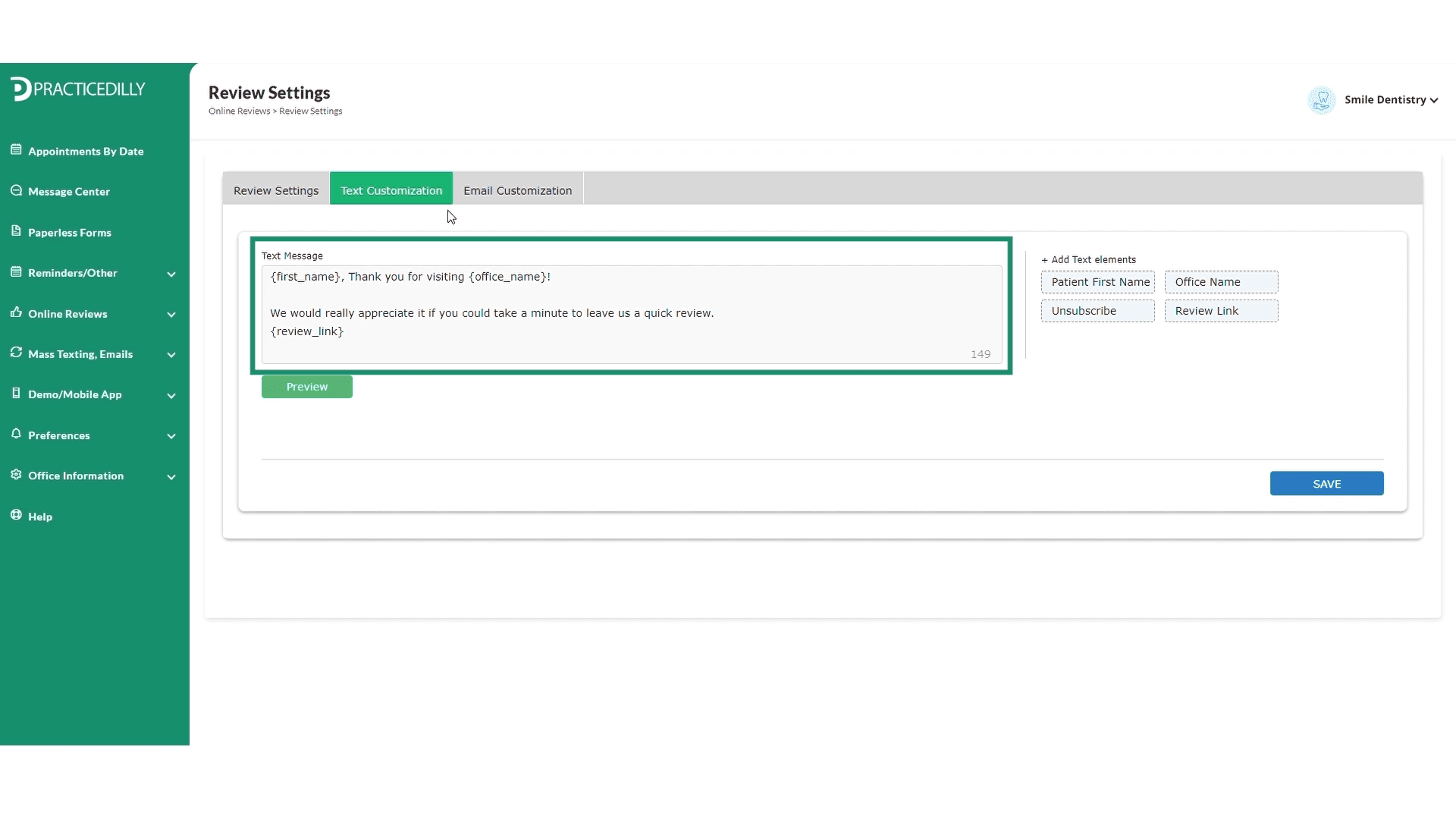 Text Customization settings for online review requests