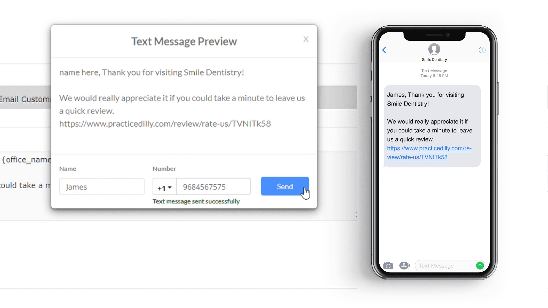 Sending a review-request preview to a mobile phone