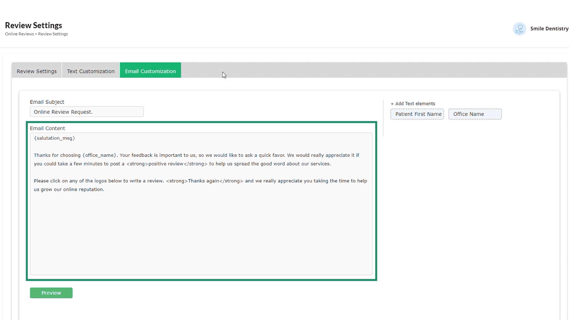 Email Customization settings for online review requests