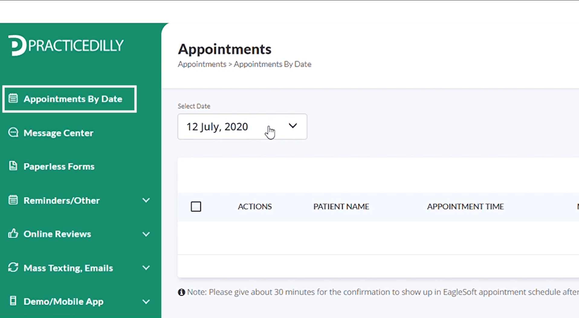Appointments By Date in the PracticeDilly navigation