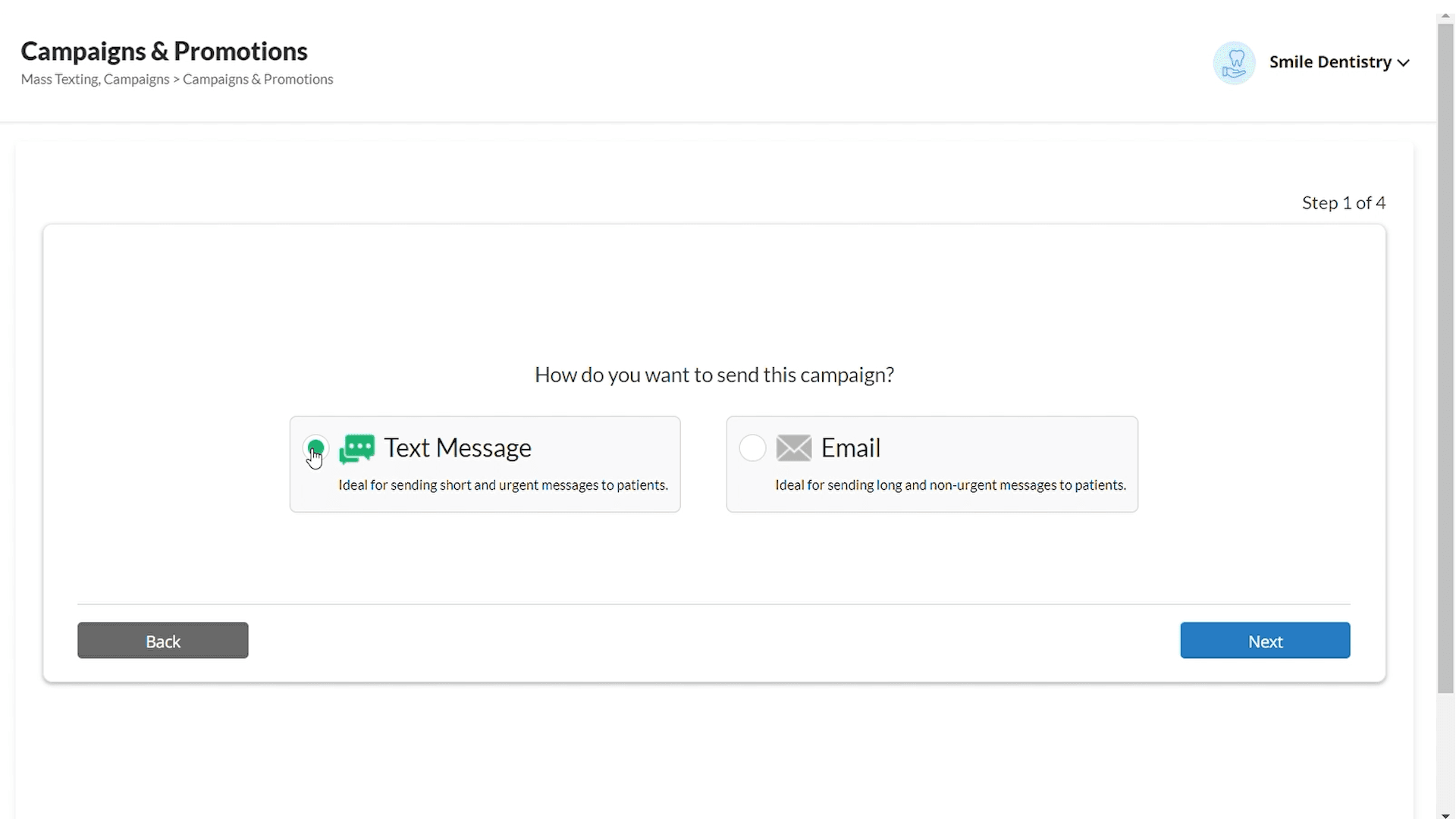 Choosing Text Message for a new campaign