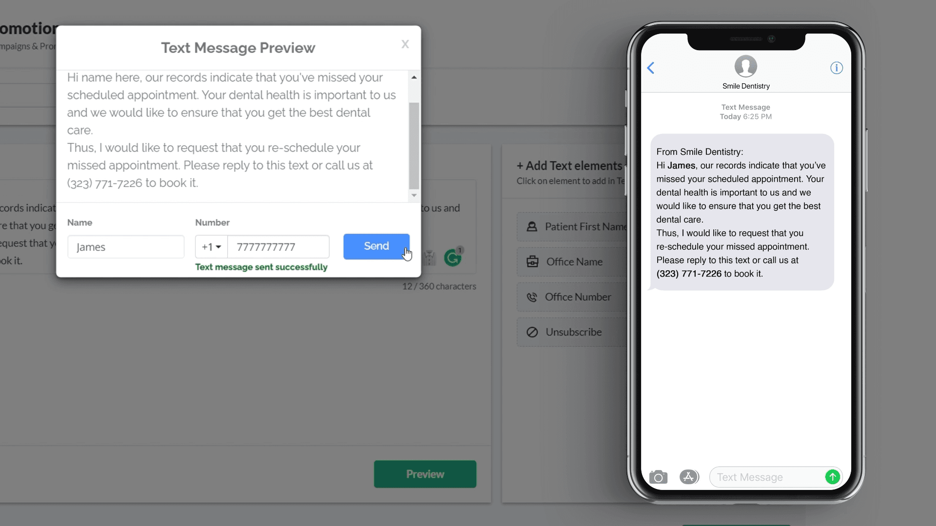 Mass-text preview and test message