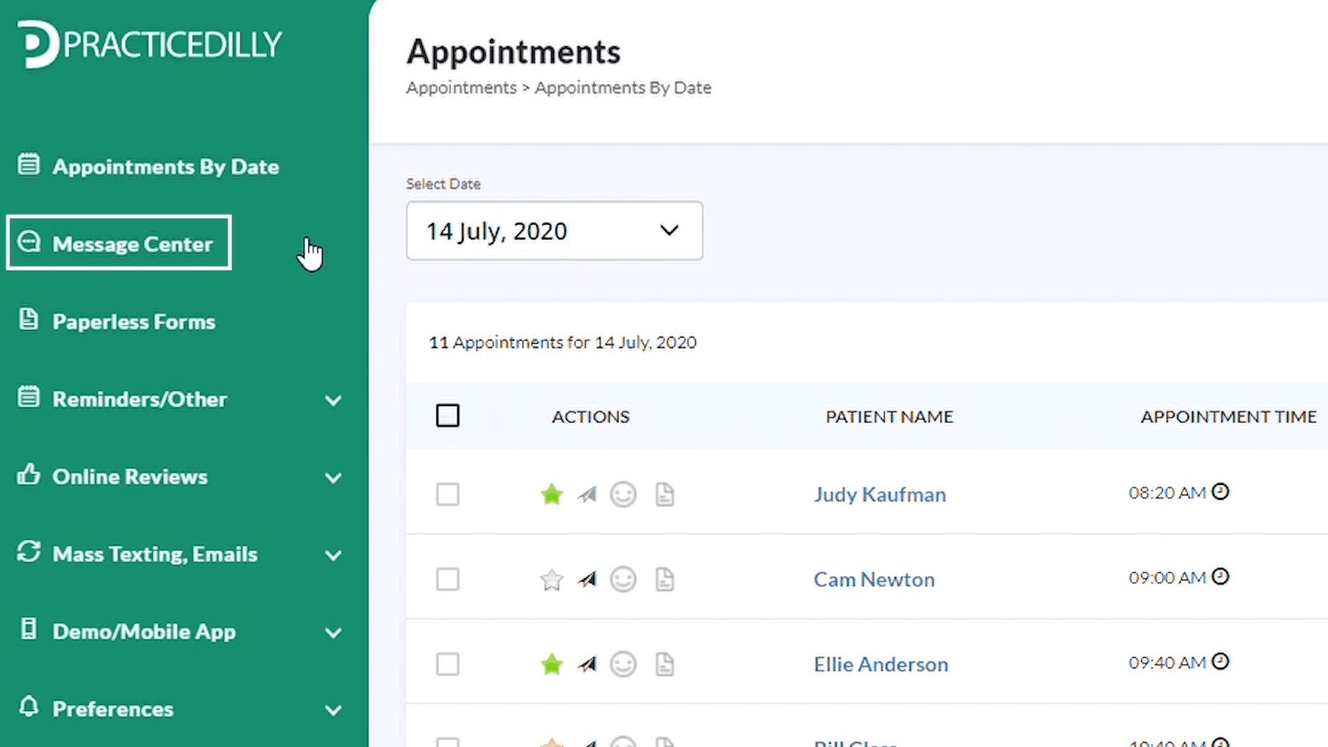 Message Center in the PracticeDilly navigation
