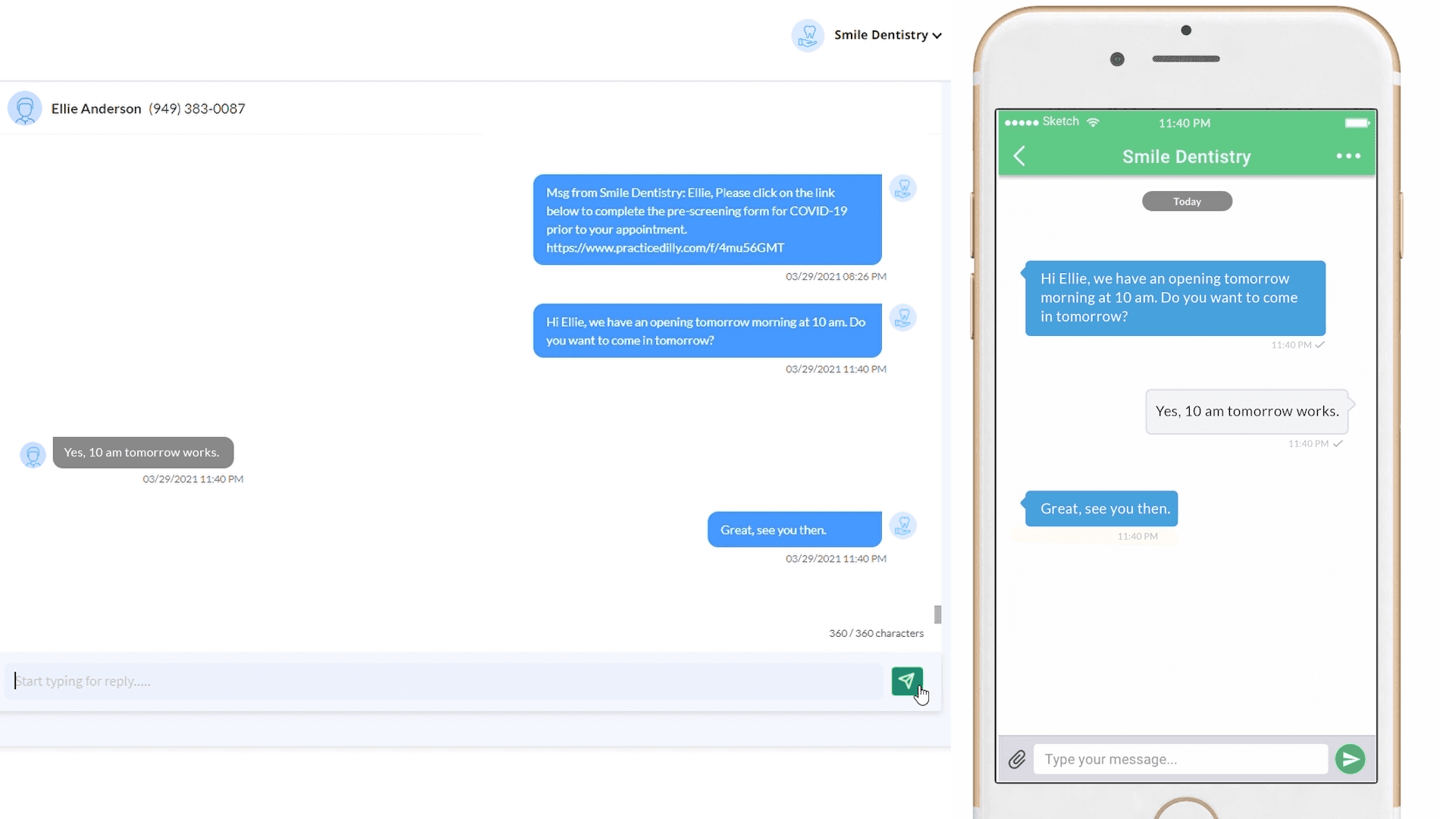 A two-way text conversation with a patient