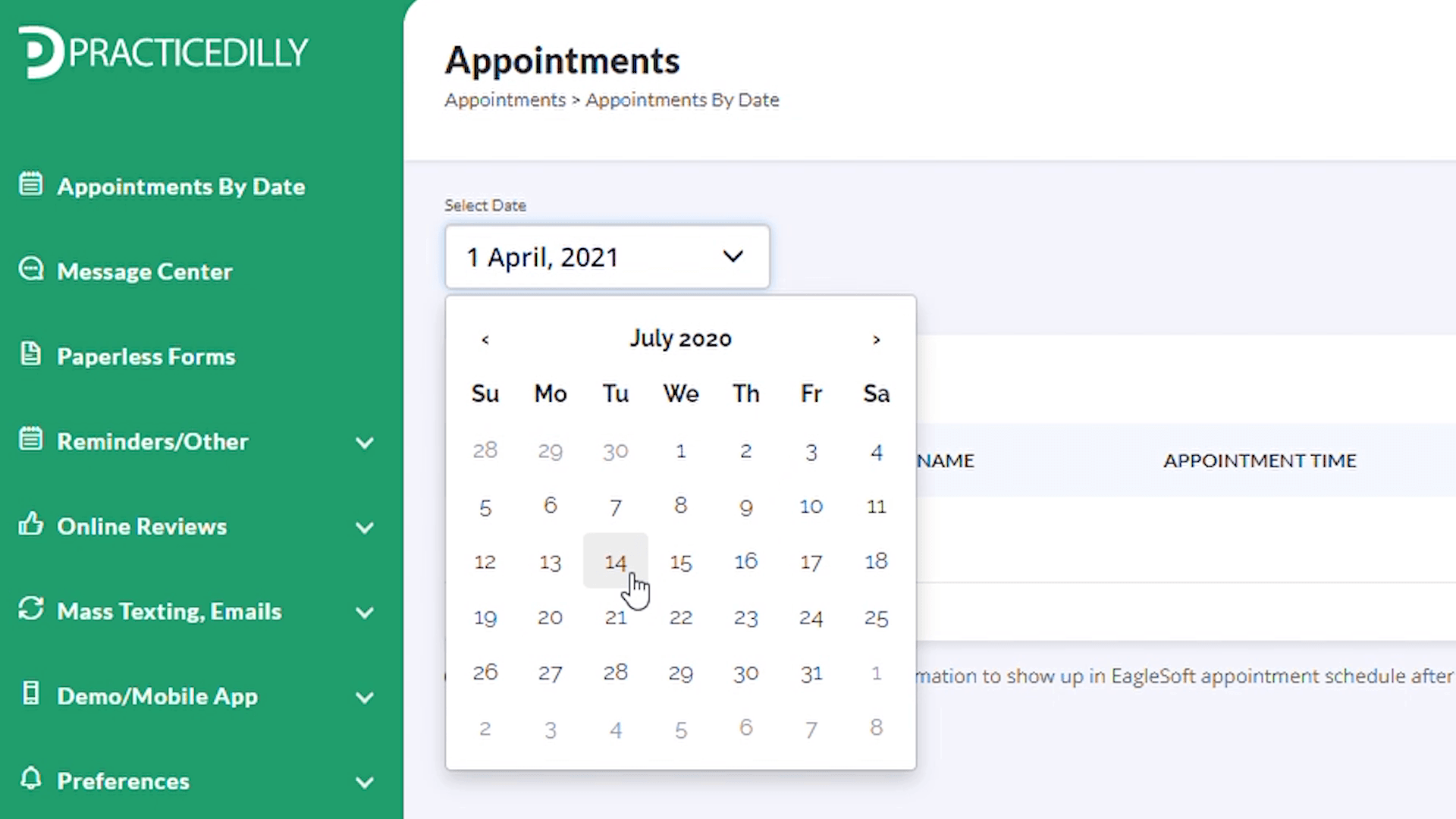 Selecting an appointment date in PracticeDilly