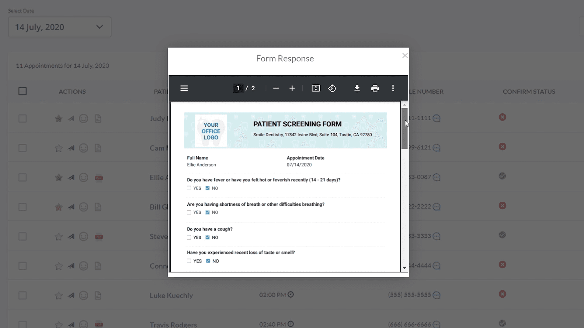 Previewing a completed COVID-19 pre-screening form