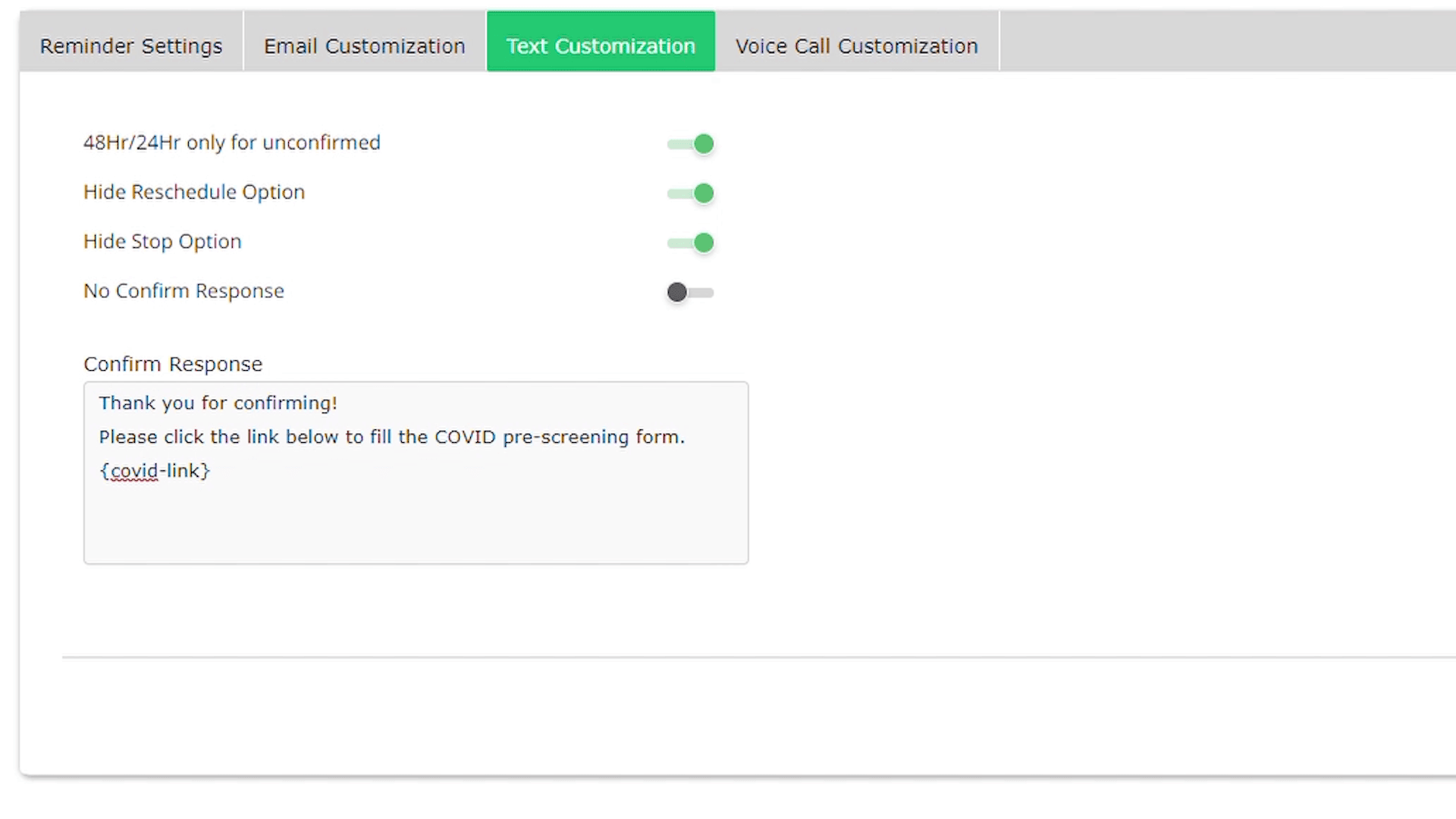 Text customization containing the pre-screening form link