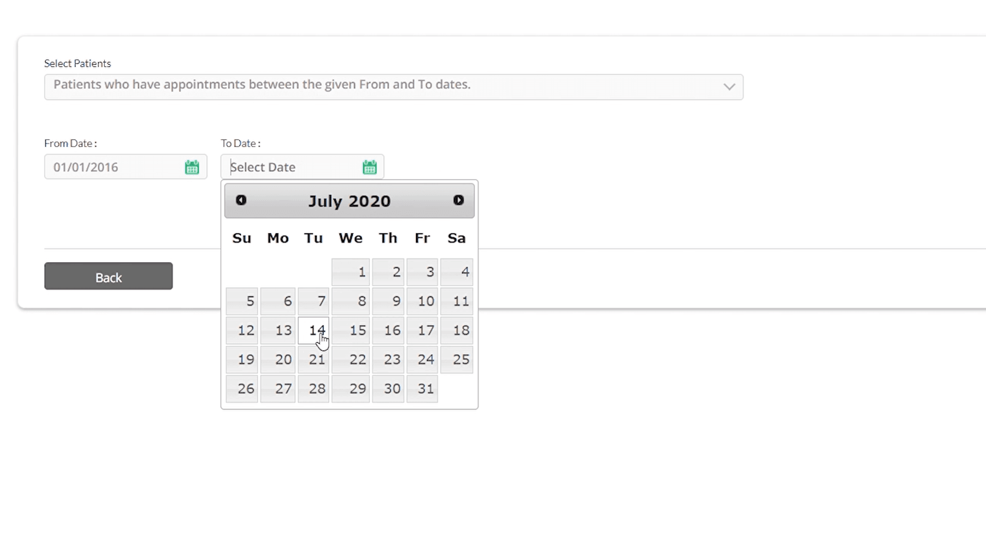 Patient group filtered by appointment date range