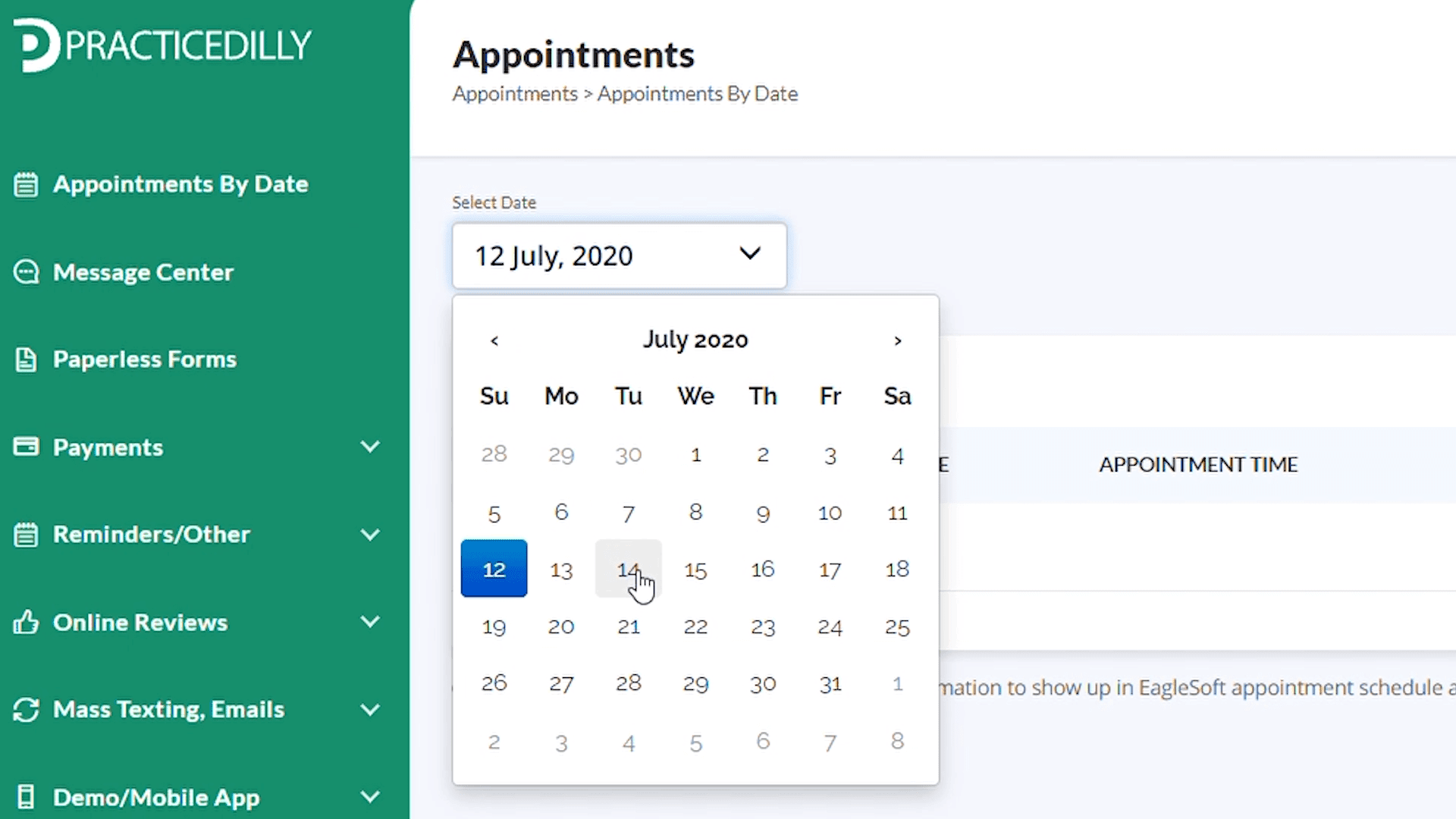 Selecting a date from Appointments By Date