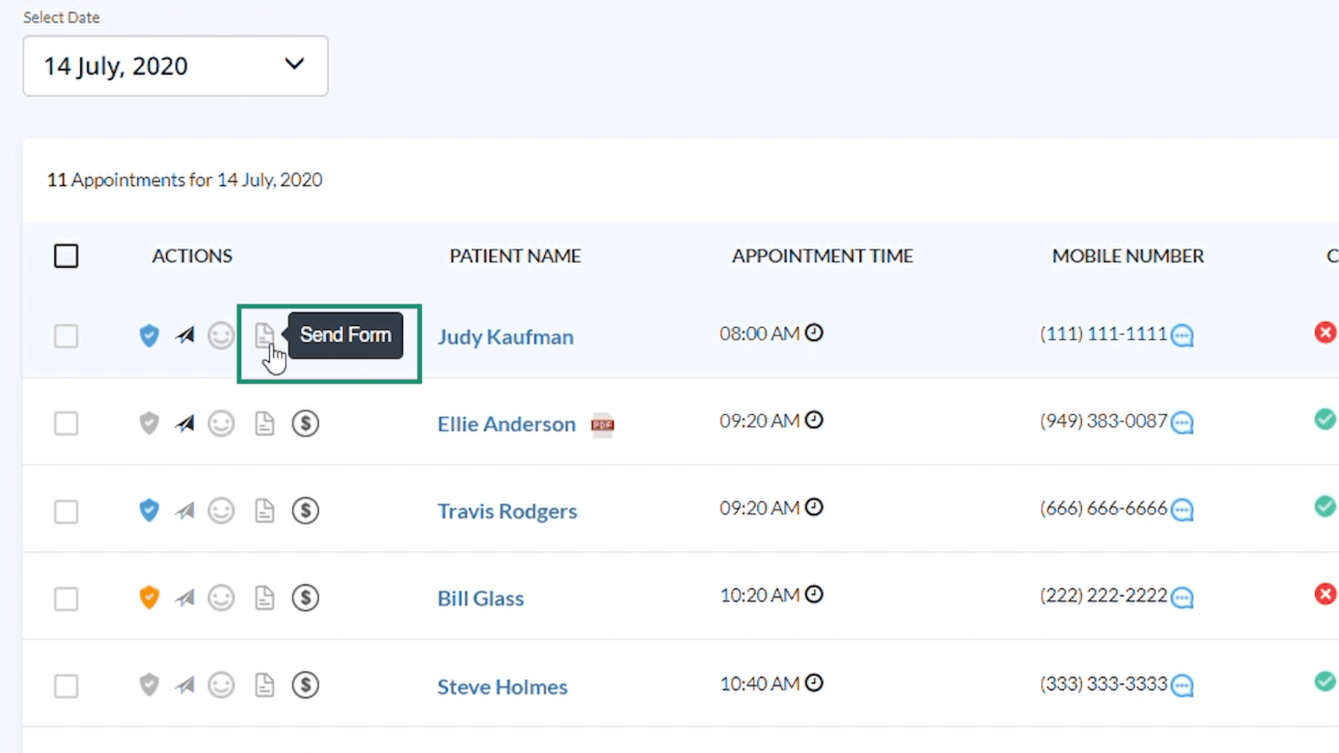 Send Forms option beside a patient appointment