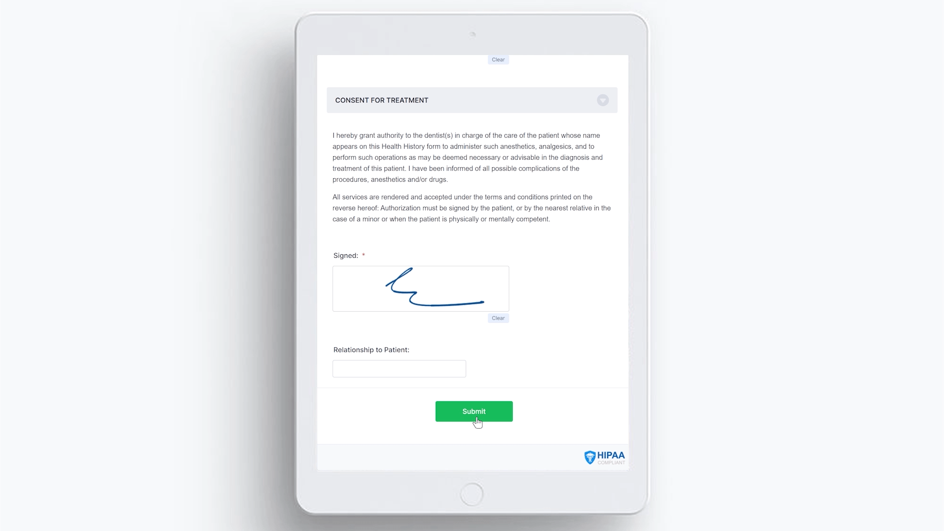 A treatment-consent form signed on a mobile device
