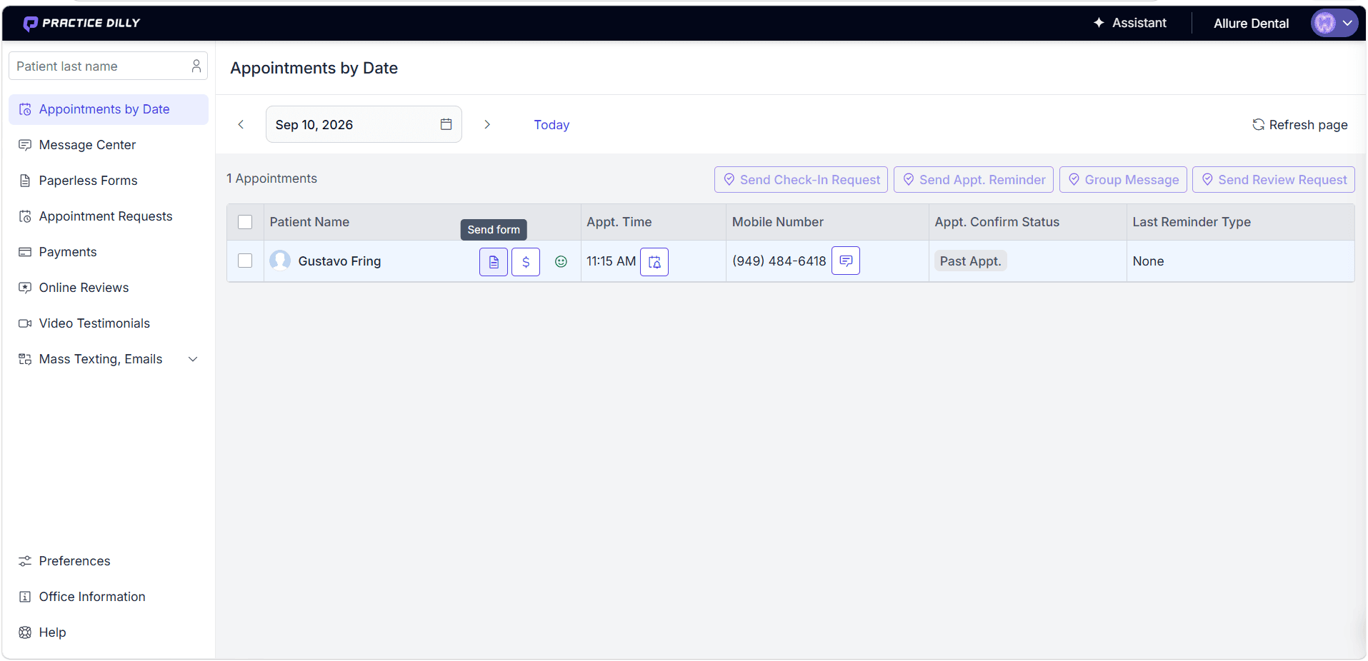 Send Form icon beside a patient in Appointments by Date