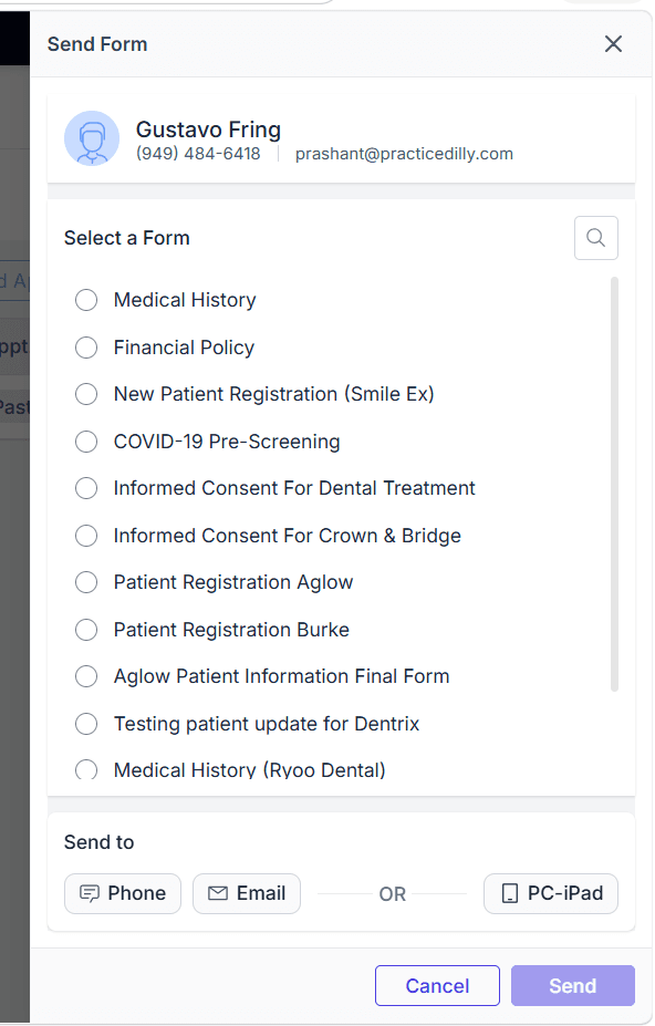 Send Form window with a list of patient forms