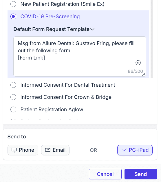 Patient form selected with the PC-iPad delivery option