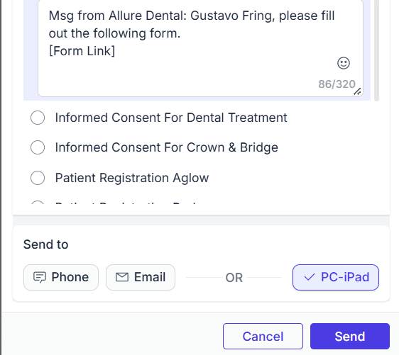 Send button for sending a patient form to PC-iPad