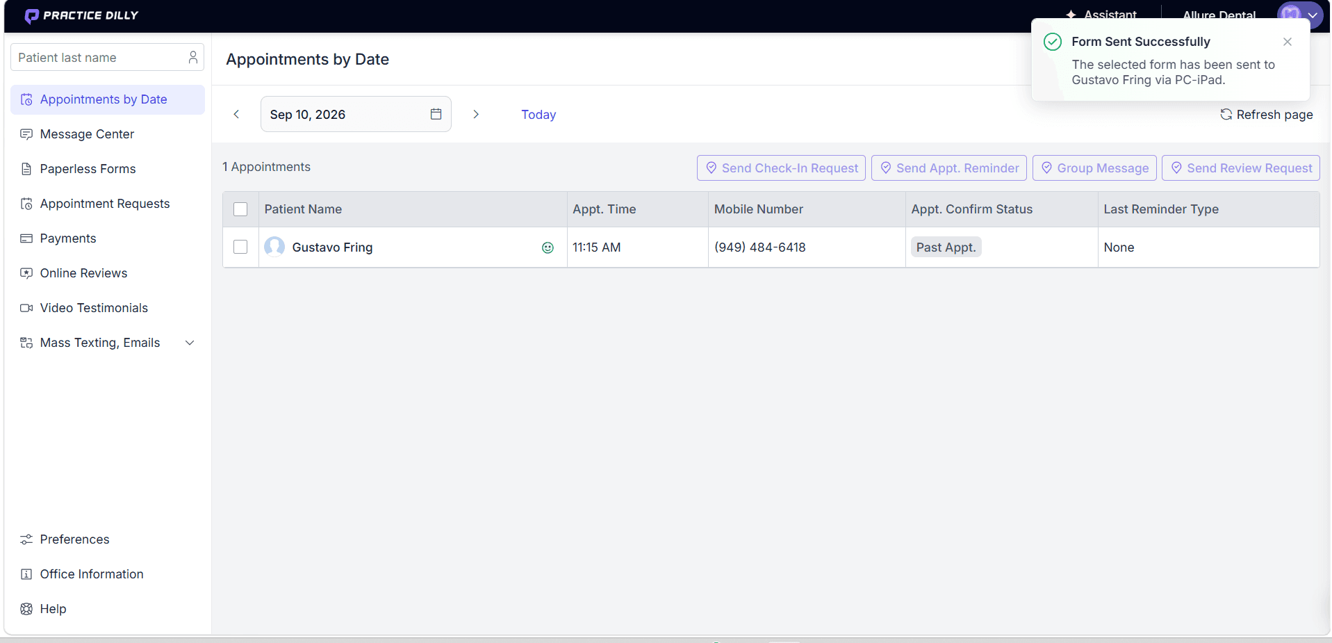 Form Sent Successfully confirmation in PracticeDilly