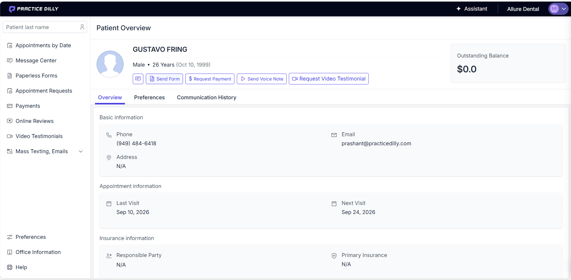 Send Form button in a patient’s profile