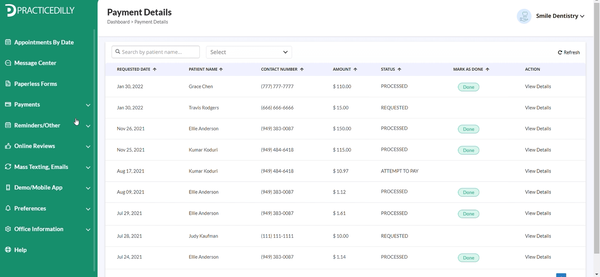 Payment status dashboard
