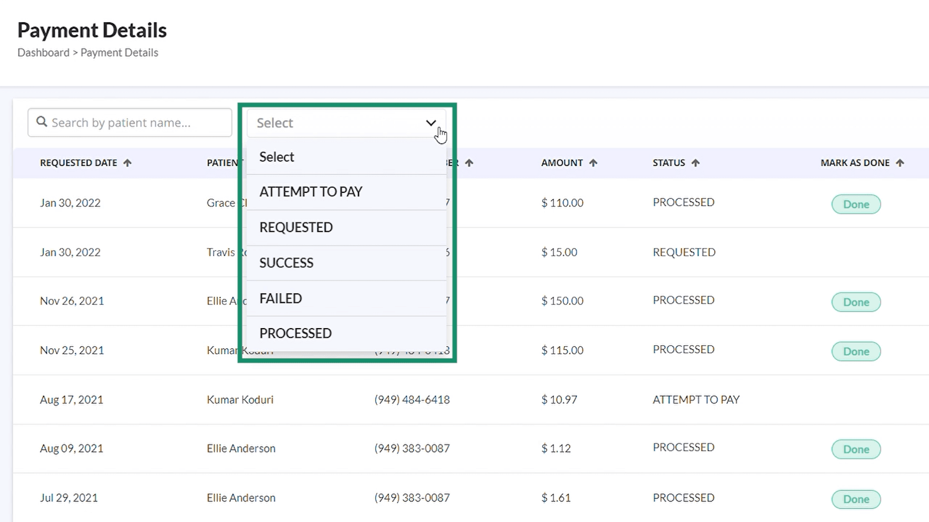 Payment request status filters
