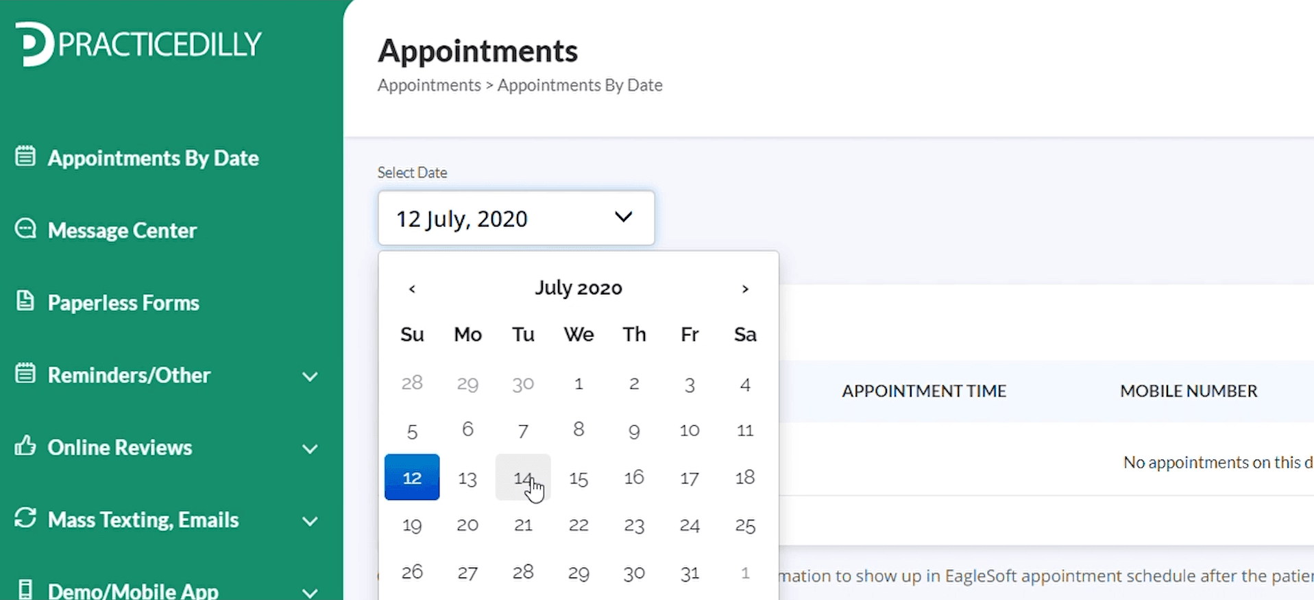 Appointments By Date screen showing the patients scheduled for a selected day