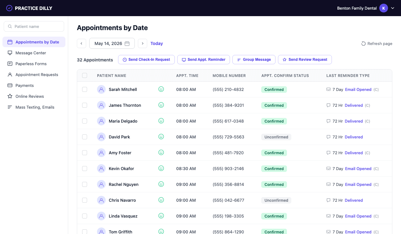 PracticeDilly appointment management dashboard