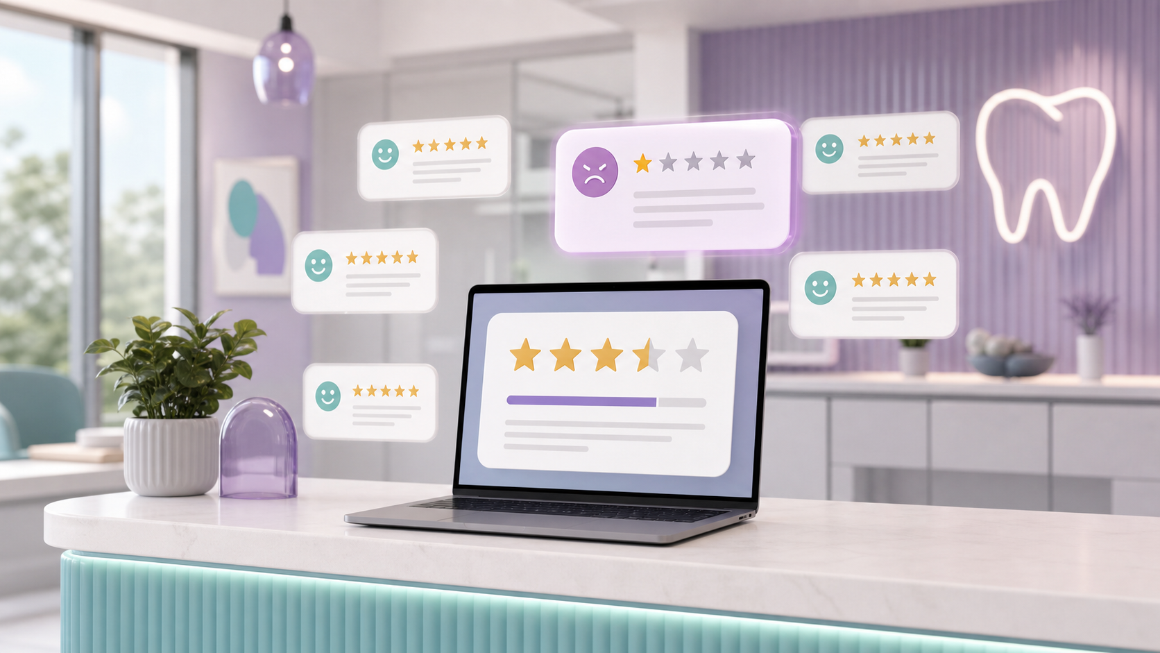 Dental office reputation dashboard with happy patient reviews and one low-rating review standing out