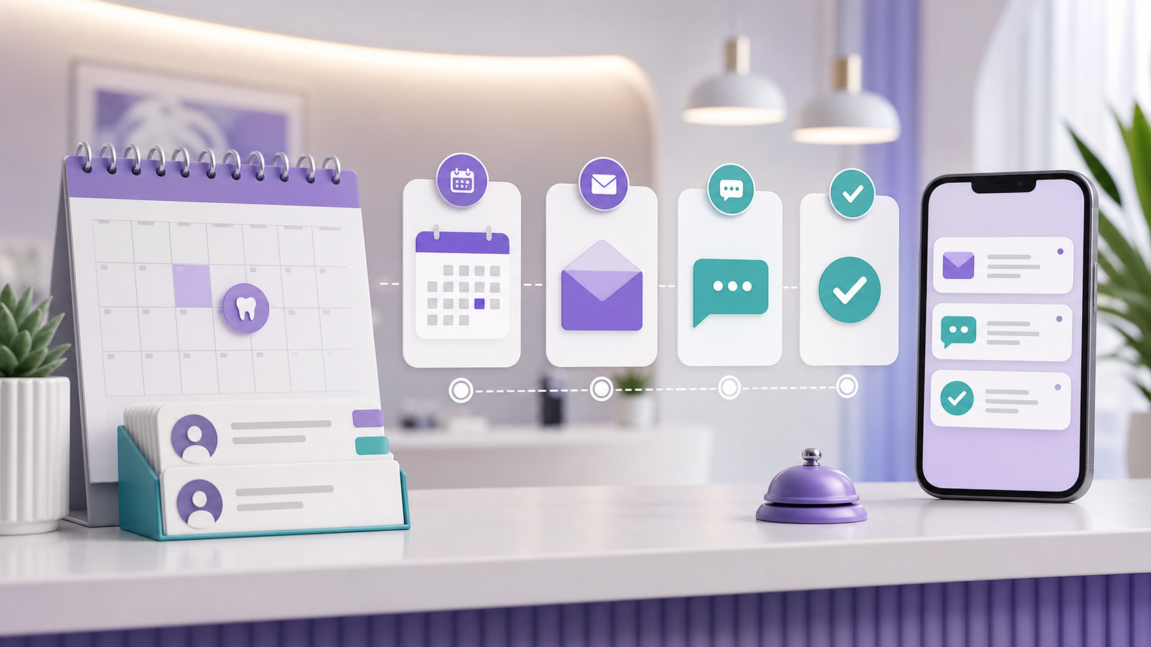 Dental appointment reminder workflow with calendar, email, text, and confirmation steps