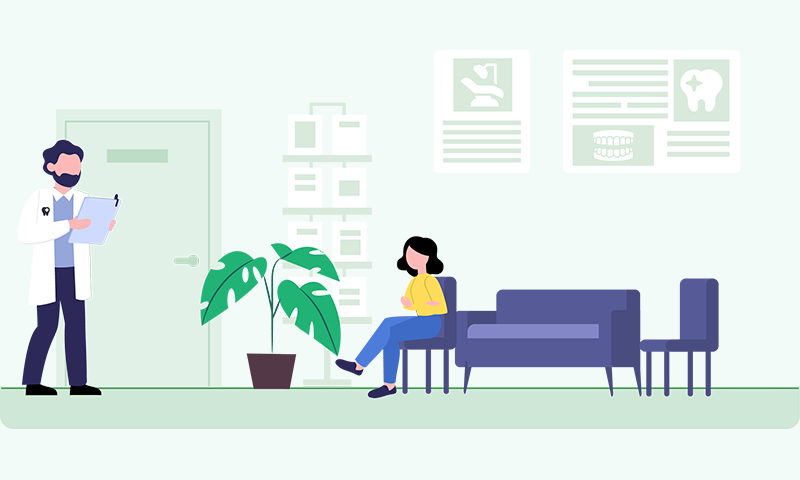 Dentist reviewing an appointment schedule while a patient waits for a check-up
