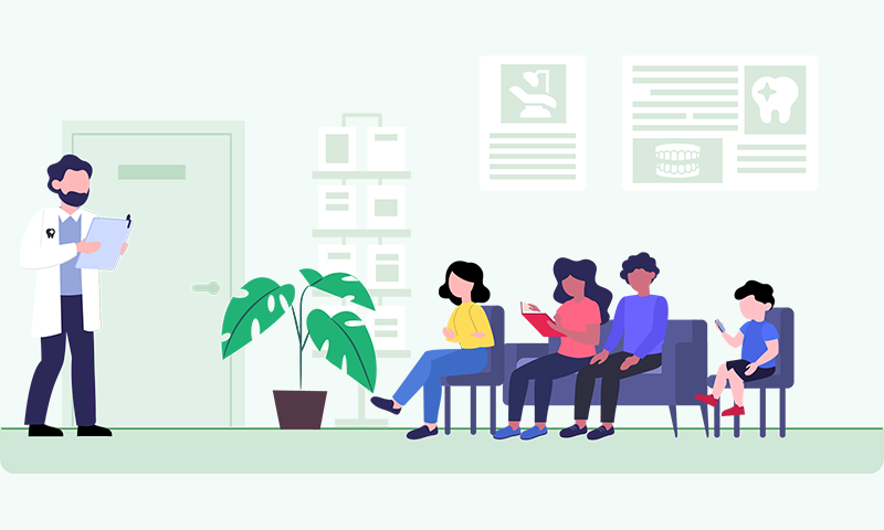 Dental waiting room with patients arriving for their scheduled appointments