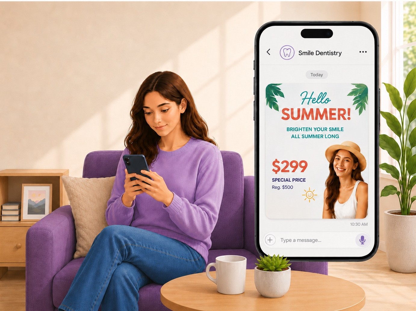 A patient viewing a dental summer campaign flyer sent to her phone