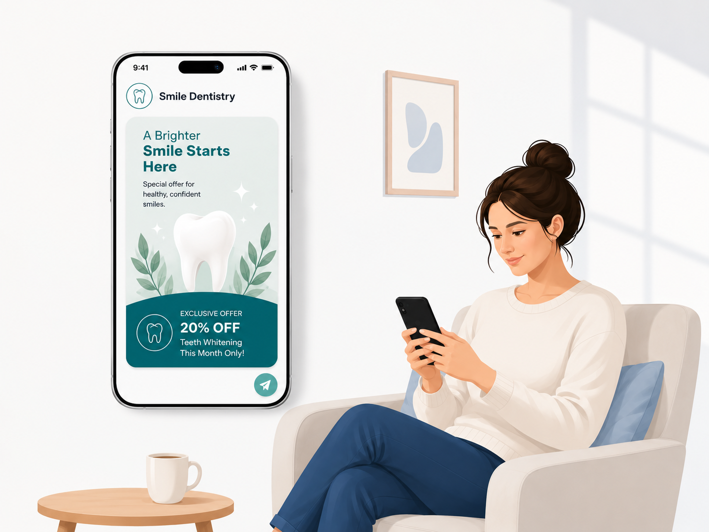 A patient viewing a dental campaign flyer sent to her phone