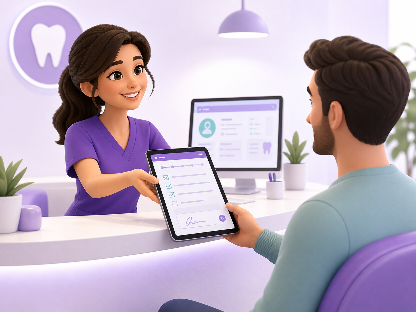 Dental front desk team member handing a patient an iPad with a paperless form