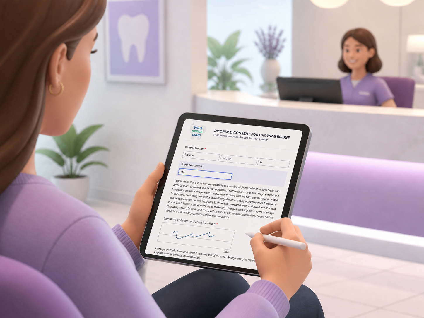Patient completing and signing a dental form on an office iPad