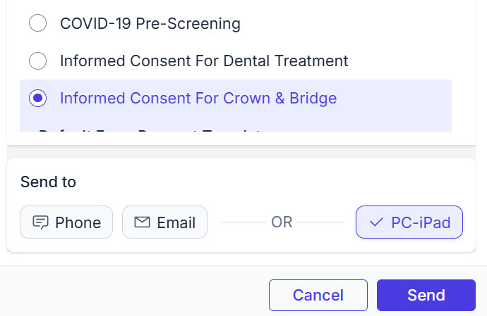 Send form modal showing PC-iPad selected before sending a patient form