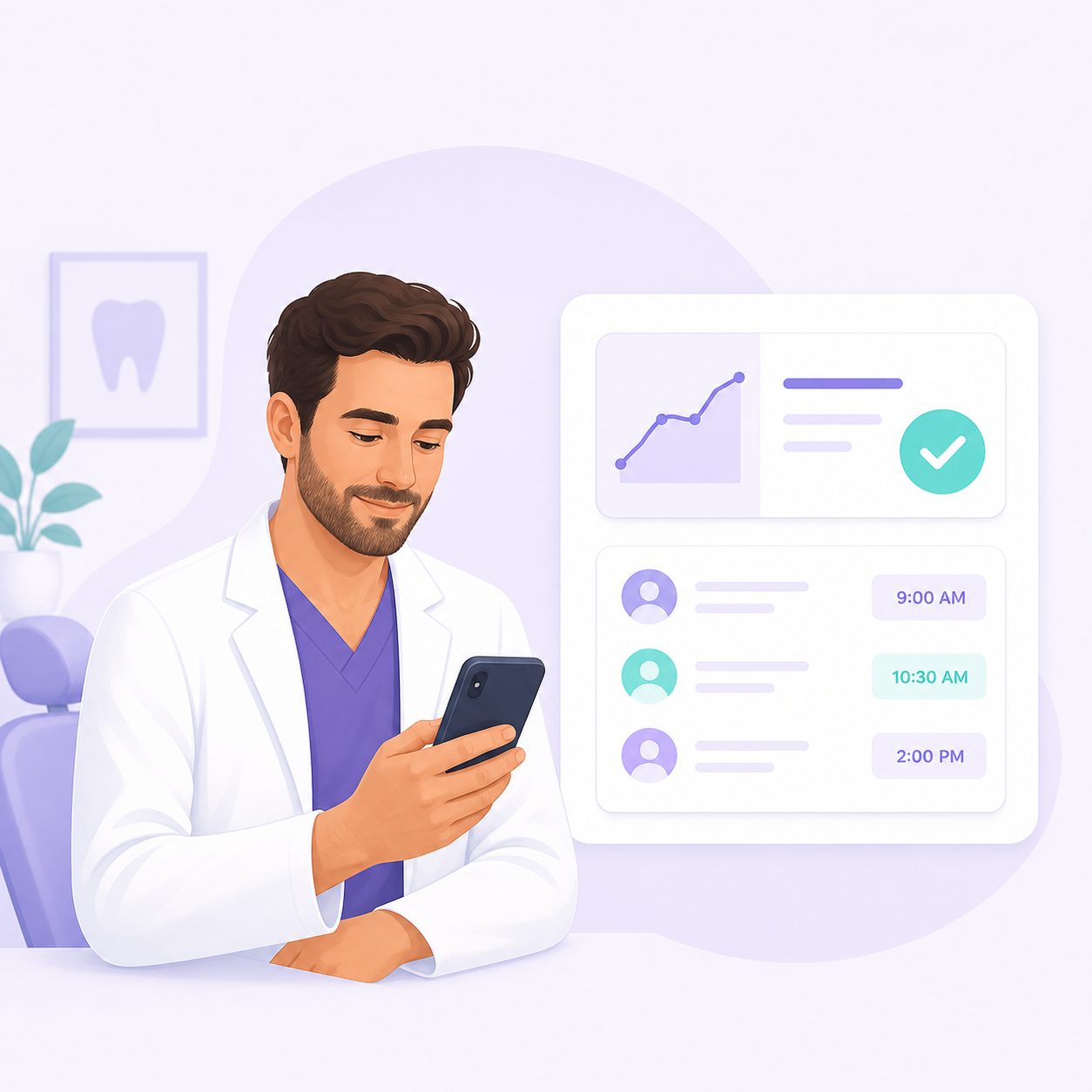 Custom illustration of mobile dental practice management and patient communication