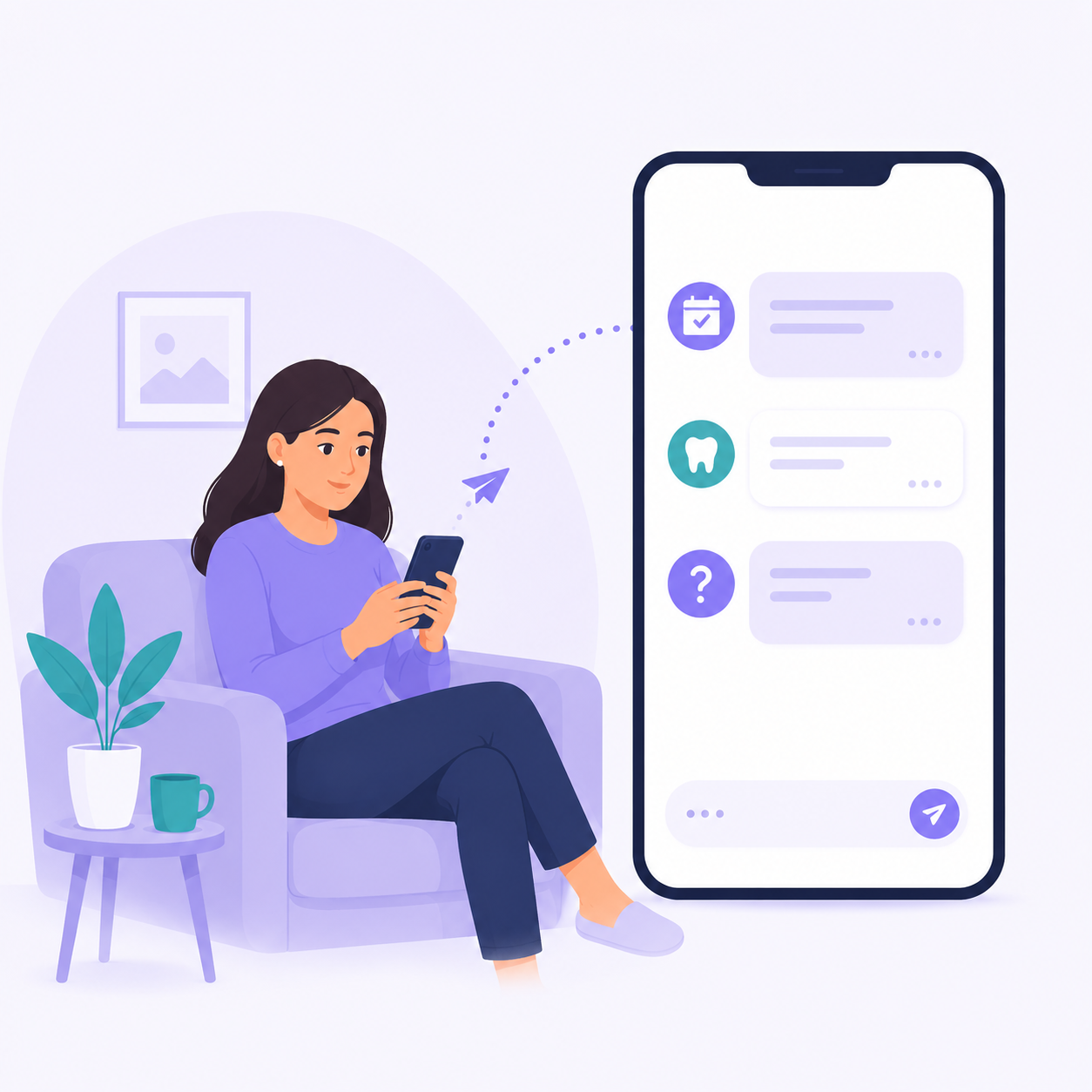 Custom illustration of patient texting and appointment confirmations for Picasso Smiles Dental