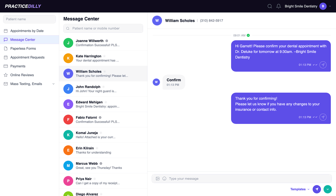 PracticeDilly Message Center inbox showing two-way patient texting and appointment confirmations